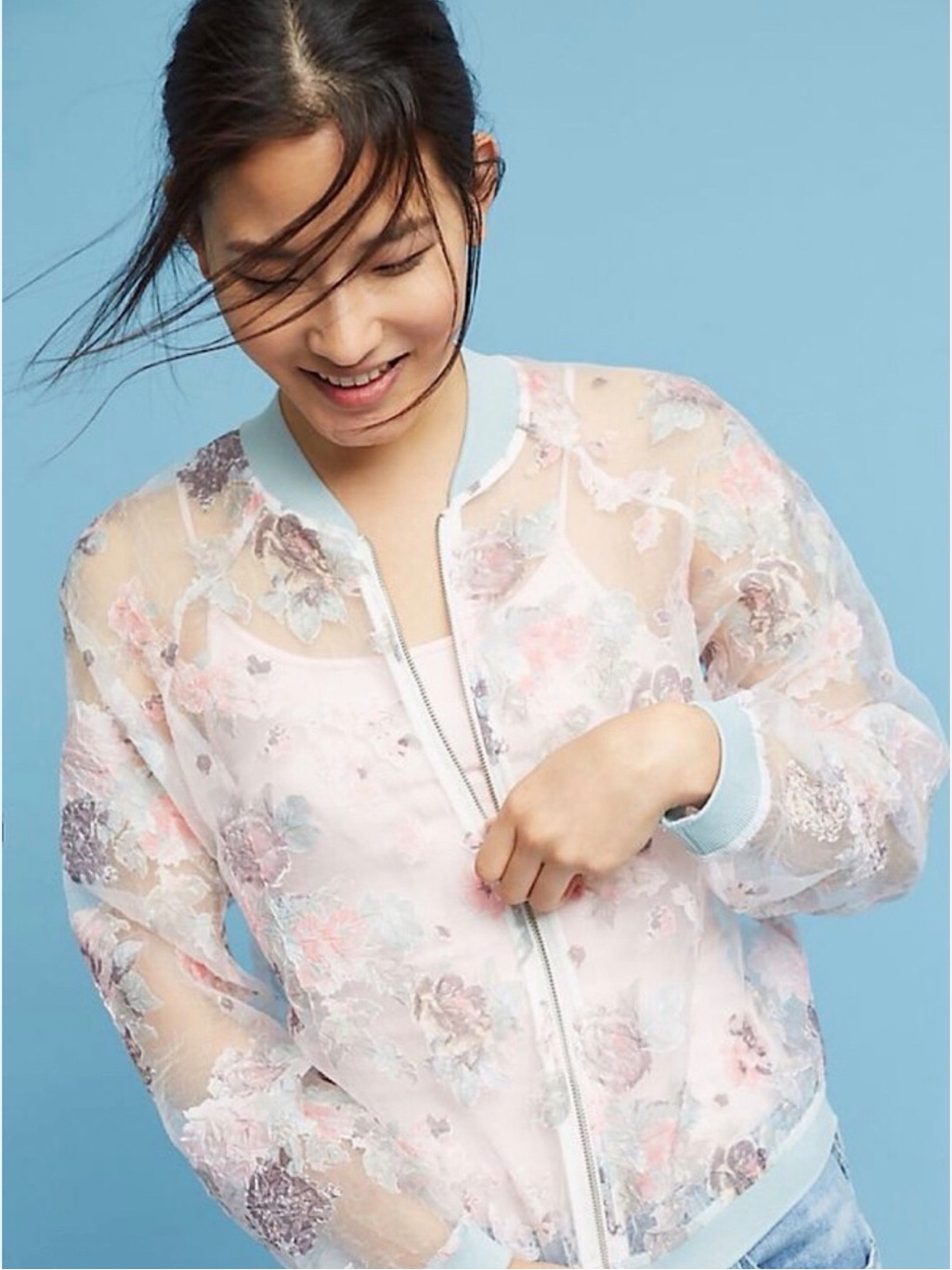 Maeve Anthropologie Sheer Floral Bomber Jacket In Pastel Pink And Light Blue